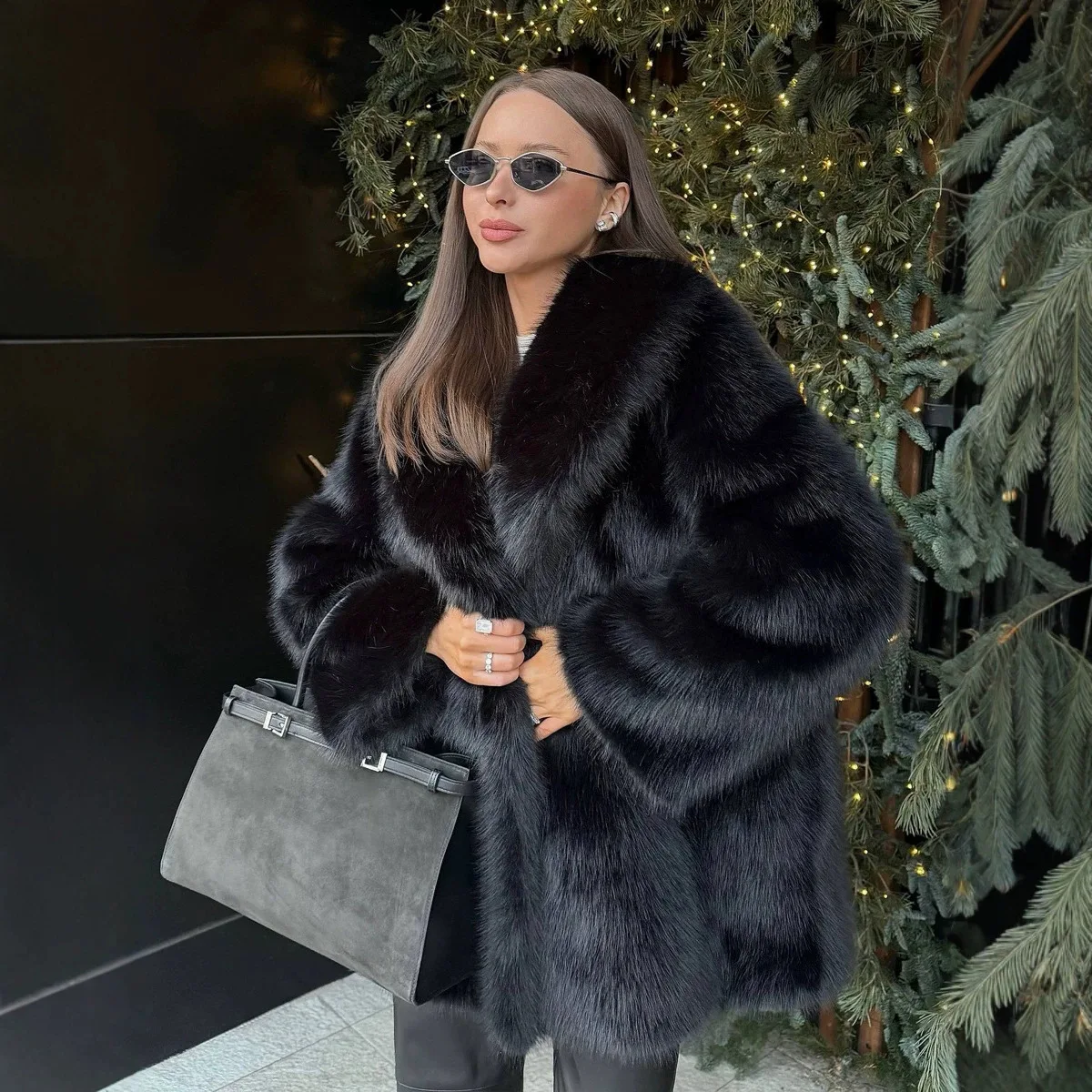 Black Faux Fur Coat for Women Autumn Winter Plush Coats and Jackets Streetwear Outerwears Long Sleeve Warm Womens Coats