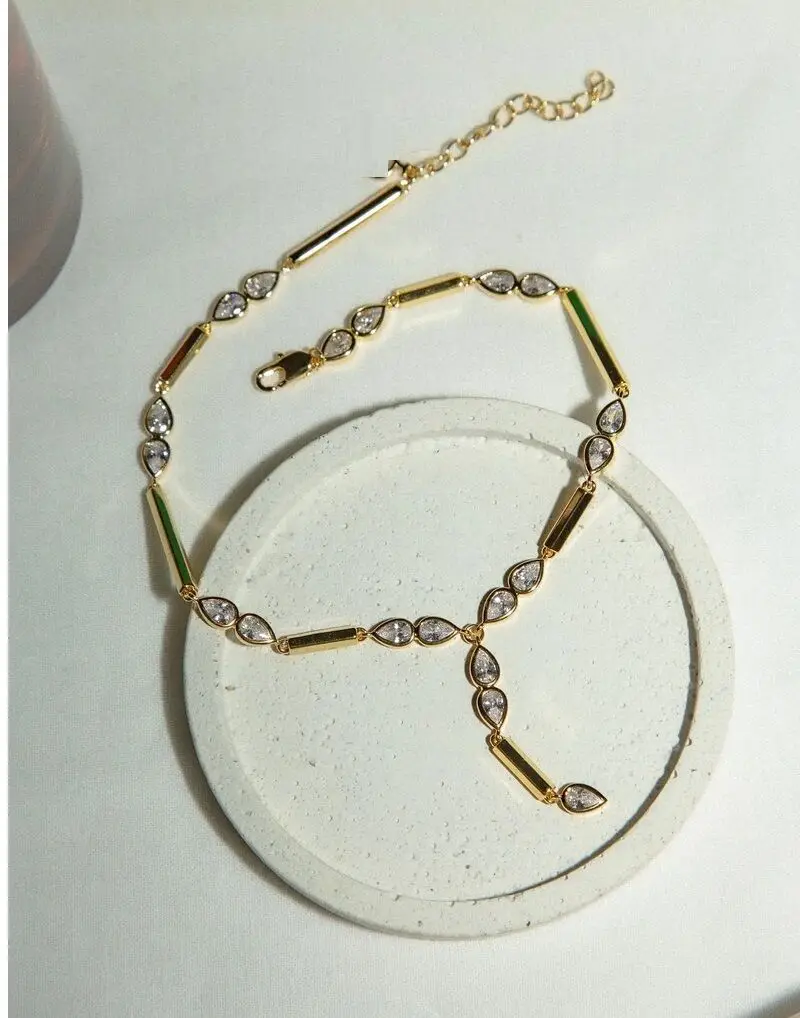 2026 New Arrived Gold Color Geometric Bar Tear Drop Cubic Zirconia CZ Link Chain Anklet Women Fashion Jewelry - Image 2