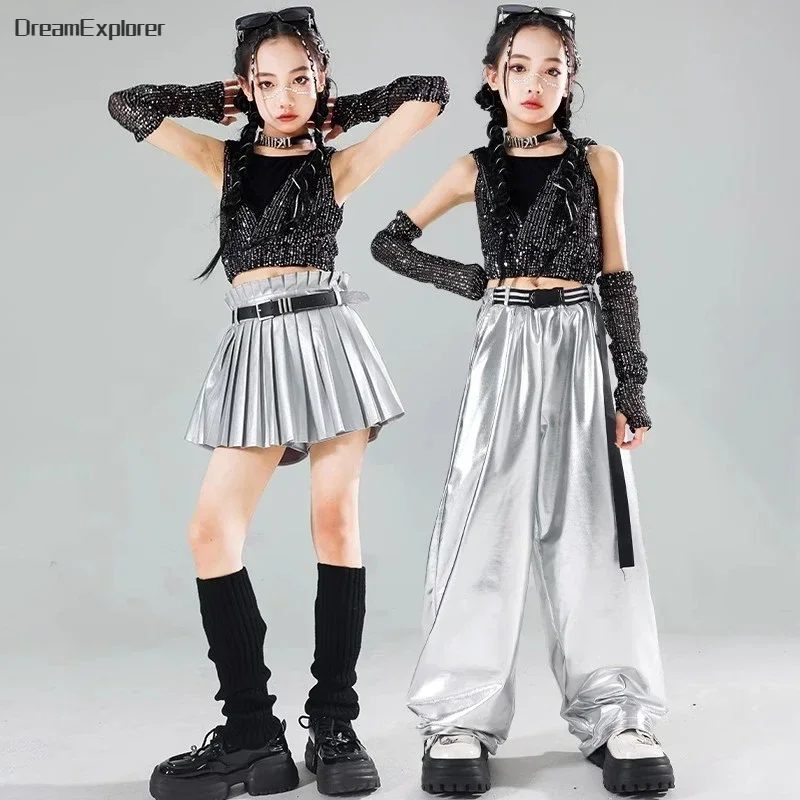 Girls K-pop Sequin Crop Hoodies Street Dance Shorts Kids Hip Hop Jazz Skirts Silver Pants Clothes Sets Child Streetwear Costumes - Image 5