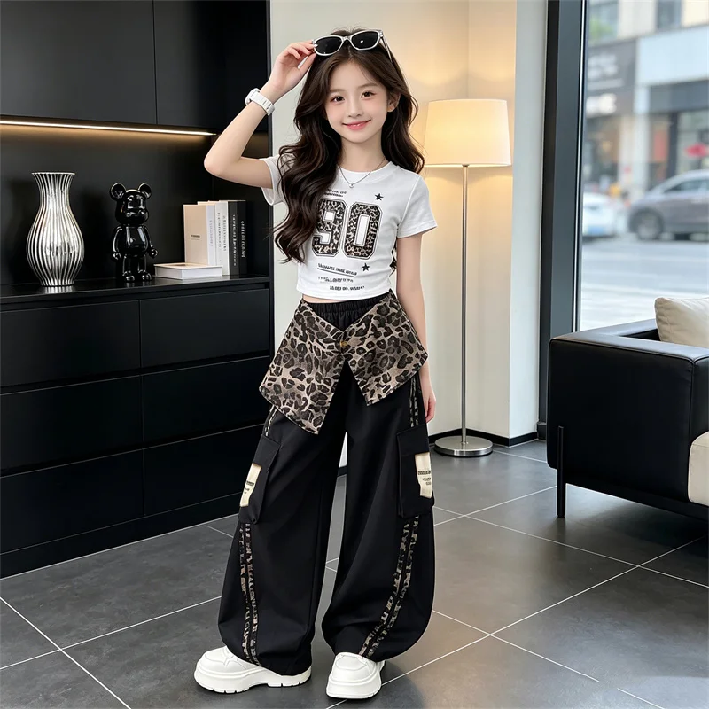 Girls New Suit Children Off-Shoulder Top + Leopard Print Decoration Pants Set Summer 2PCS Kids Streetwear Casual Hip Hop Outfits - Image 3