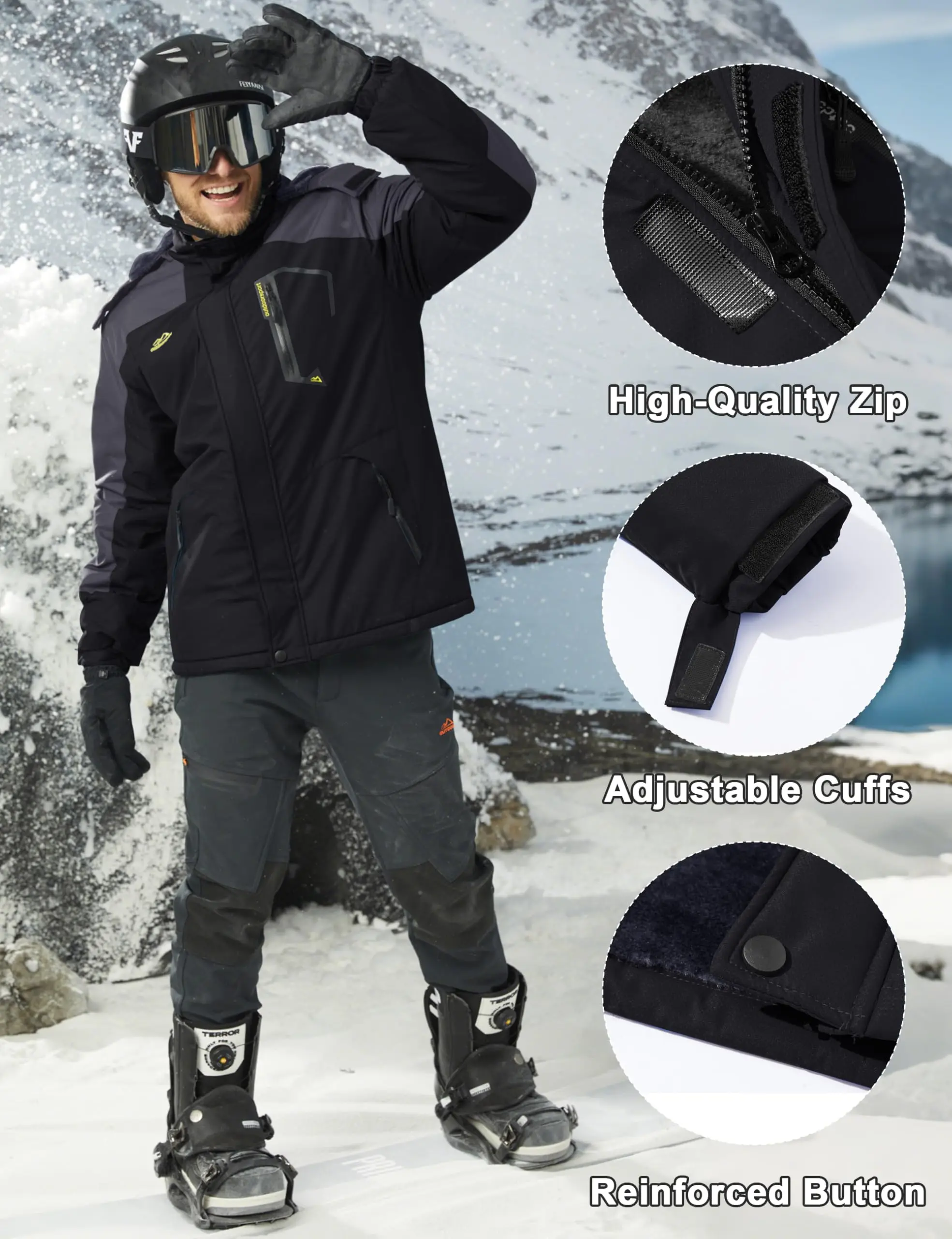Men's Water-Resistant Ski Jacket Winter Fleece Lined Snow Coat Warm Windproof Outdoor Jacket - Image 3
