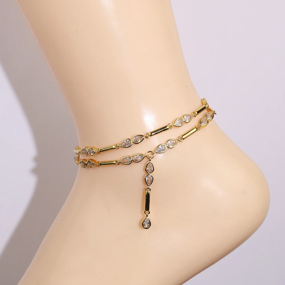 2026 New Arrived Gold Color Geometric Bar Tear Drop Cubic Zirconia CZ Link Chain Anklet Women Fashion Jewelry - Image 6