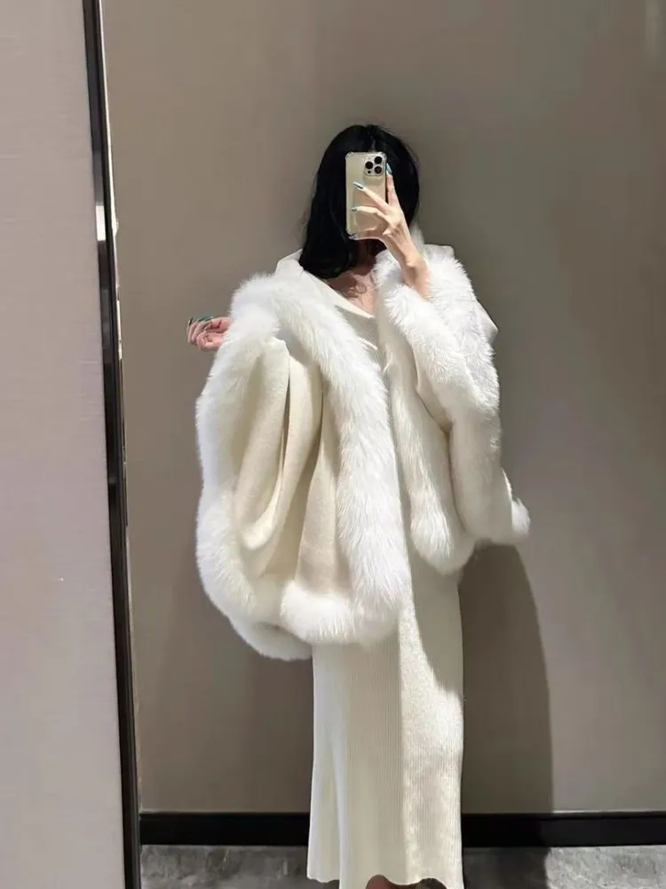 Chic Faux Fur Shawl Collar Hooded Coat Sweet Girl Plush Seductive Cowl Neck Long Sleeve Women's Thickened Autumn Winter Coat - Image 5