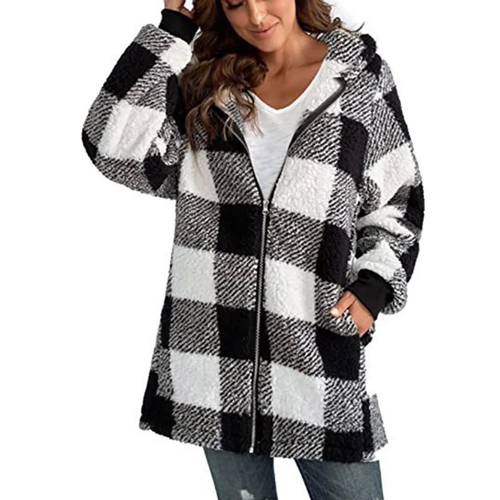 Autumn Winter Plaid Faux Fur Coat Women Warm Soft Long Fur Jacket Outwear Plush Overcoat Pocket Zipper Cardigan with hood