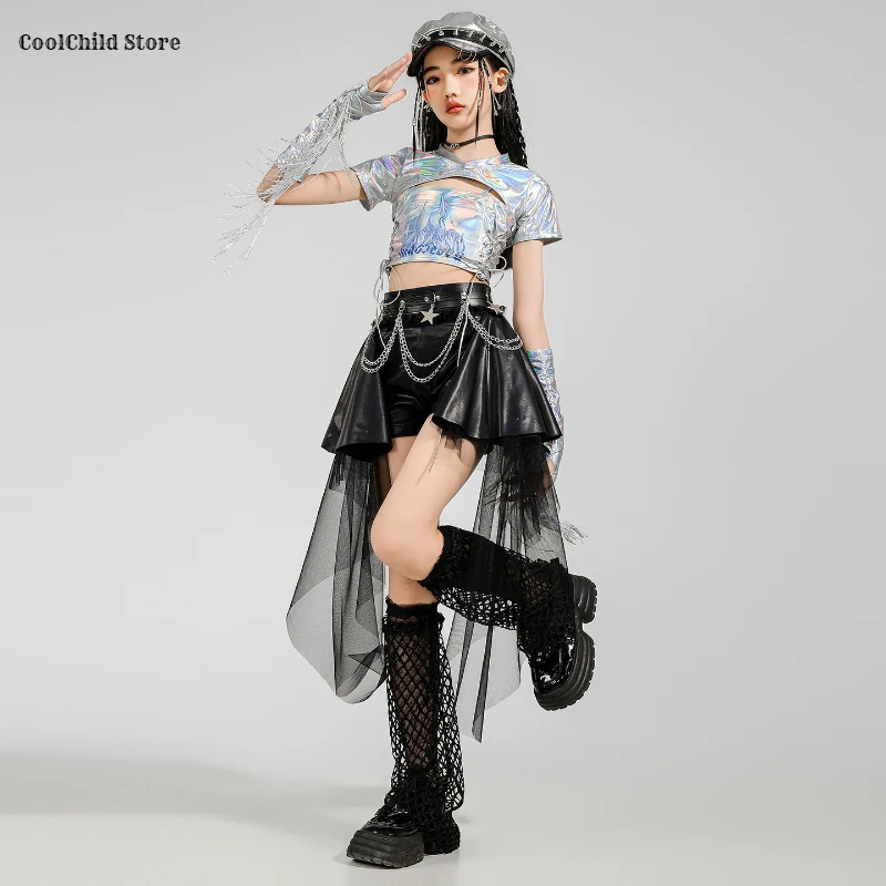 Girls K-pop Silver Shiny Crop Top Street Dance Ribbon Skirt Kids Hip Hop Jazz Clothes Set Children Streetwear Girl Group Costume - Image 4