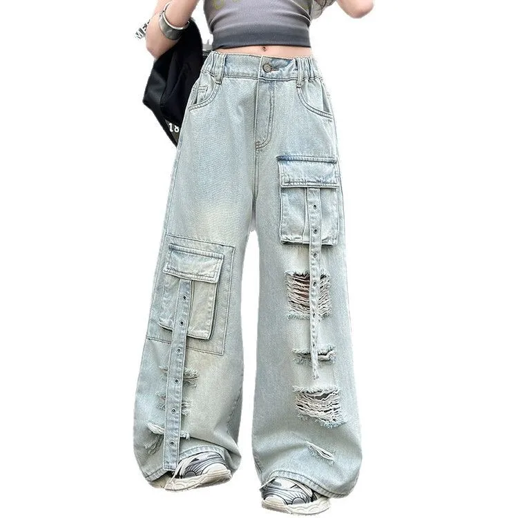 summer teen Girls Hip Hop Jazz Street Dance Clothes Multi pocket cargo pants Tie dye top junior kids jeans t-shirt child outfits - Image 5