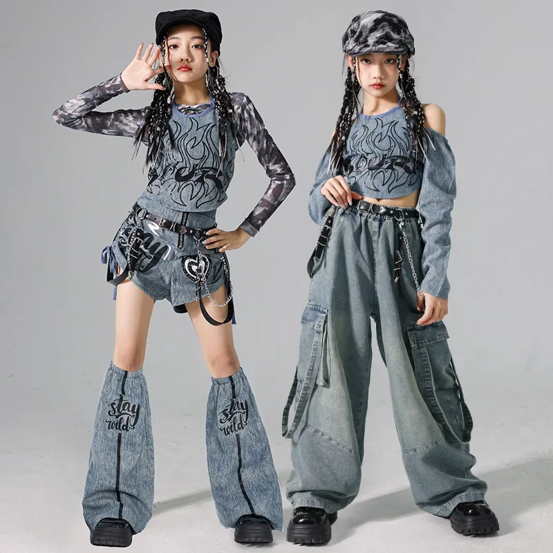 Girls K-pop Denim Crop Top Street Dance Cargo Jeans Pants Kids Hip Hop Jazz Shorts Clothes Set Children Streetwear Stage Costume - Image 4