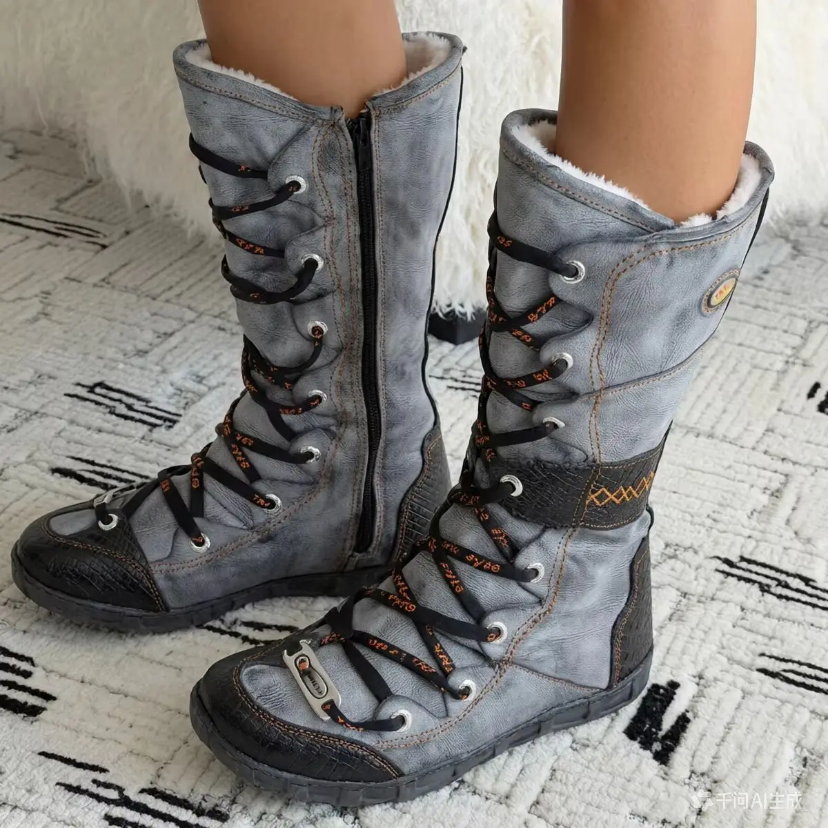 TMA EYES Women's Mid Calf Snow Boots Warm Fuzzy Lined Side Zipper Vintage Casual Winter Boots for Cold Weather Outdoor