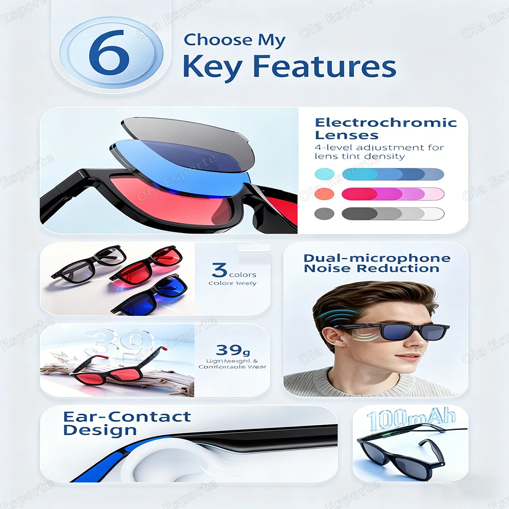 2026 Smart Audio Glasses Touch Control Color Changing Lens Dual Microphone Noise Reduction AI translation Bluetooth Sunglasses - Image 2