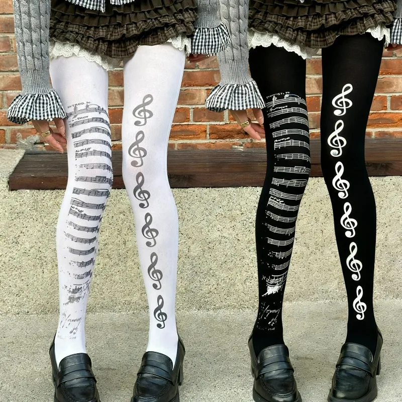 Gothic Music Note Tights for Women Subculture Piano Patterned Stockings Girls Black White Elastic Graffiti Pantyhose Leggings