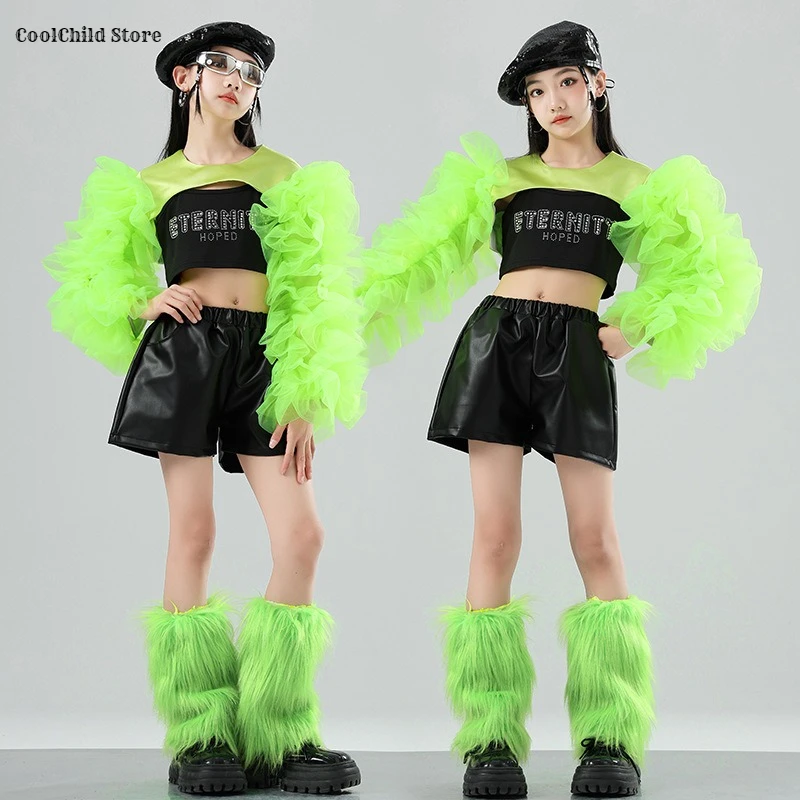 Girls Green Puff Sleeve Crop Top Street Dance Pu Shorts Kids Hip Hop Jazz Clothes Sets Child Streetwear K-pop Girl Group Costume - Image 3