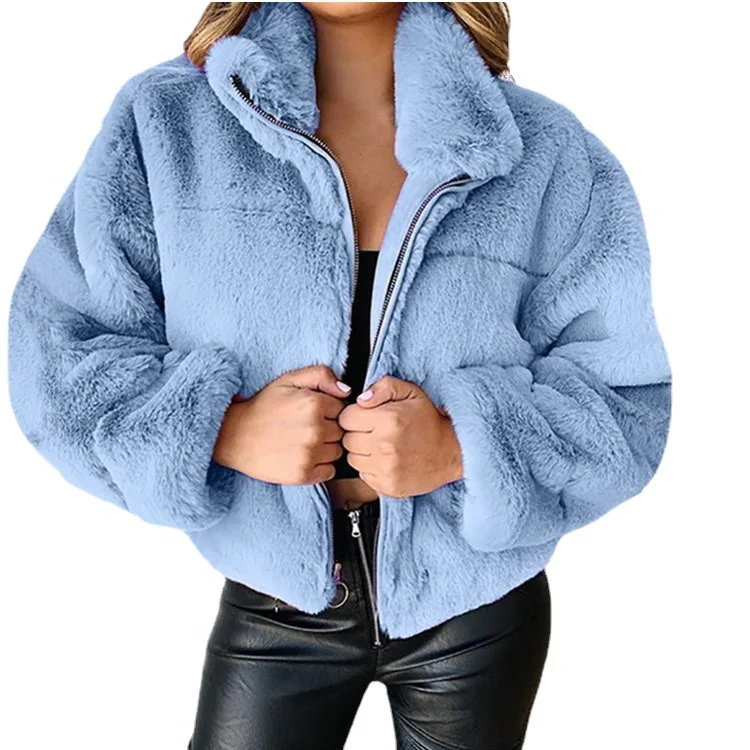 2025 Winter Women's Warm Jacket Zipper Cardigan Faux Fur Fashion Long Sleeve Stand Collar Plush Coat for Female - Image 5