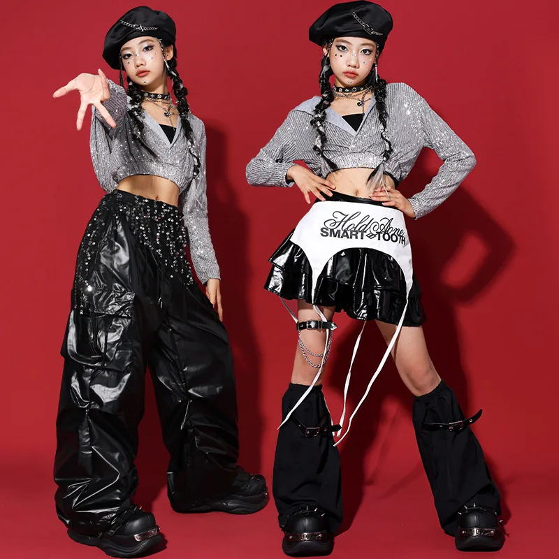 Girls K-pop Silver Black Sequin Hoodies Street Dance Shorts Loose Pants Kids Hip Hop Jazz Shiny Clothes Sets Children Streetwear - Image 4