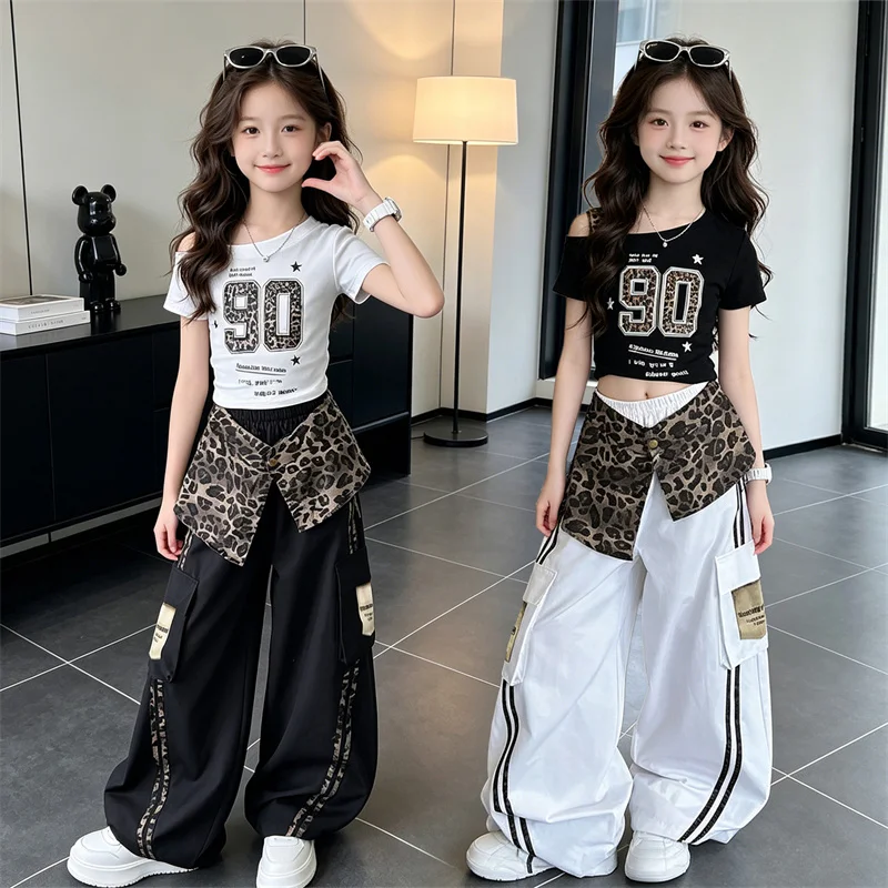 Girls New Suit Children Off-Shoulder Top + Leopard Print Decoration Pants Set Summer 2PCS Kids Streetwear Casual Hip Hop Outfits