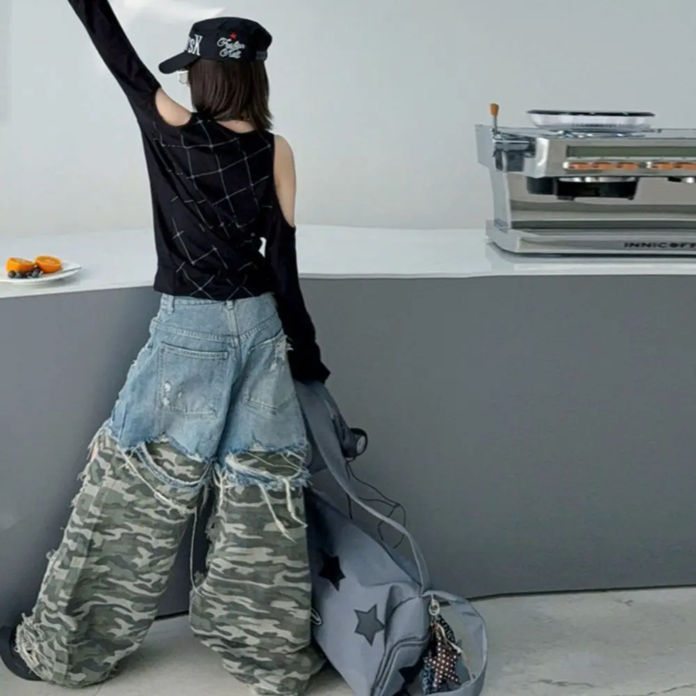 Summer Camouflage Spliced Jeans for Teen Girls 4-14 Junior Wide-leg Pants Hip Hop Jazz Street Dance Kids Trousers with Big Holes - Image 4