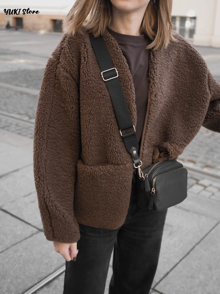 Fashion Brown Lamb Wool Coat Women Loose O-neck Single Breasted Full Sleeve Pocket Jacket 2025 Autumn Winter Lady Casual Outwear - Image 3