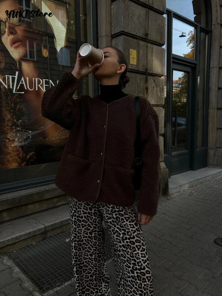 Fashion Brown Lamb Wool Coat Women Loose O-neck Single Breasted Full Sleeve Pocket Jacket 2025 Autumn Winter Lady Casual Outwear - Image 4