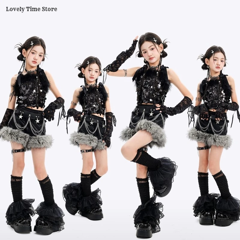 Girls Hip Hop Sequin Crop Tank Top Street Dance Shorts Kids K-pop Shiny Jazz Clothes Sets Children Girl Group Streetwear Costume
