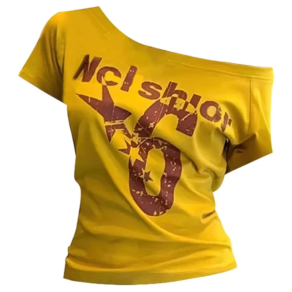 Fashion Y2k Off Shoulder Top Skew Collar Body Basic Short Sleeve Letter Print T Shirt Vintage Style