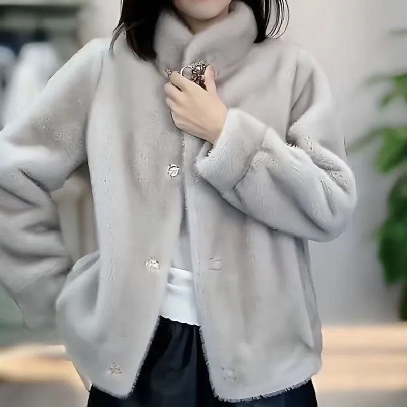 2026New Fashion Mom Style Imitate Mink Fur Outwear Integrated Short Fur Stand Up Collar Jacket Women Thick Warm Coat Female Tops