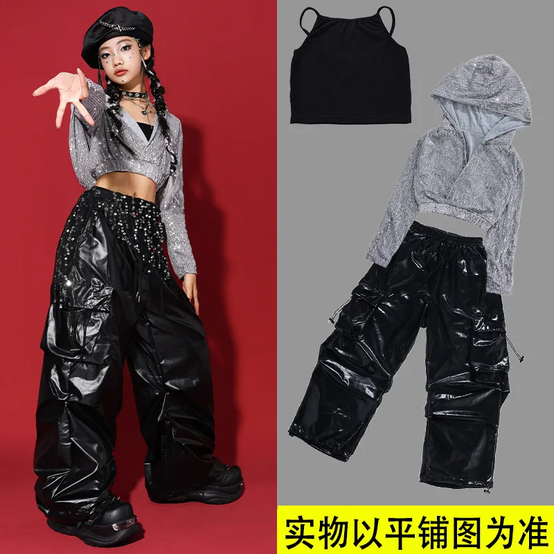 Girls K-pop Silver Black Sequin Hoodies Street Dance Shorts Loose Pants Kids Hip Hop Jazz Shiny Clothes Sets Children Streetwear - Image 6