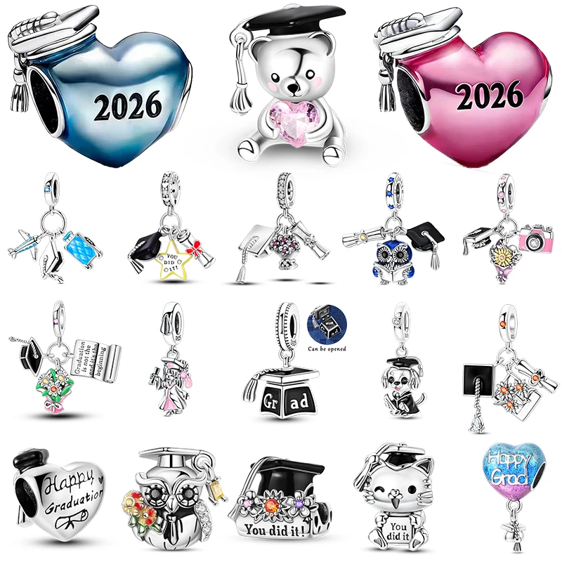 2026 New 925 Sterling Silver Graduation Cap Pendant Bead for Women's Bracelet DIY Jewelry Gift for Friends