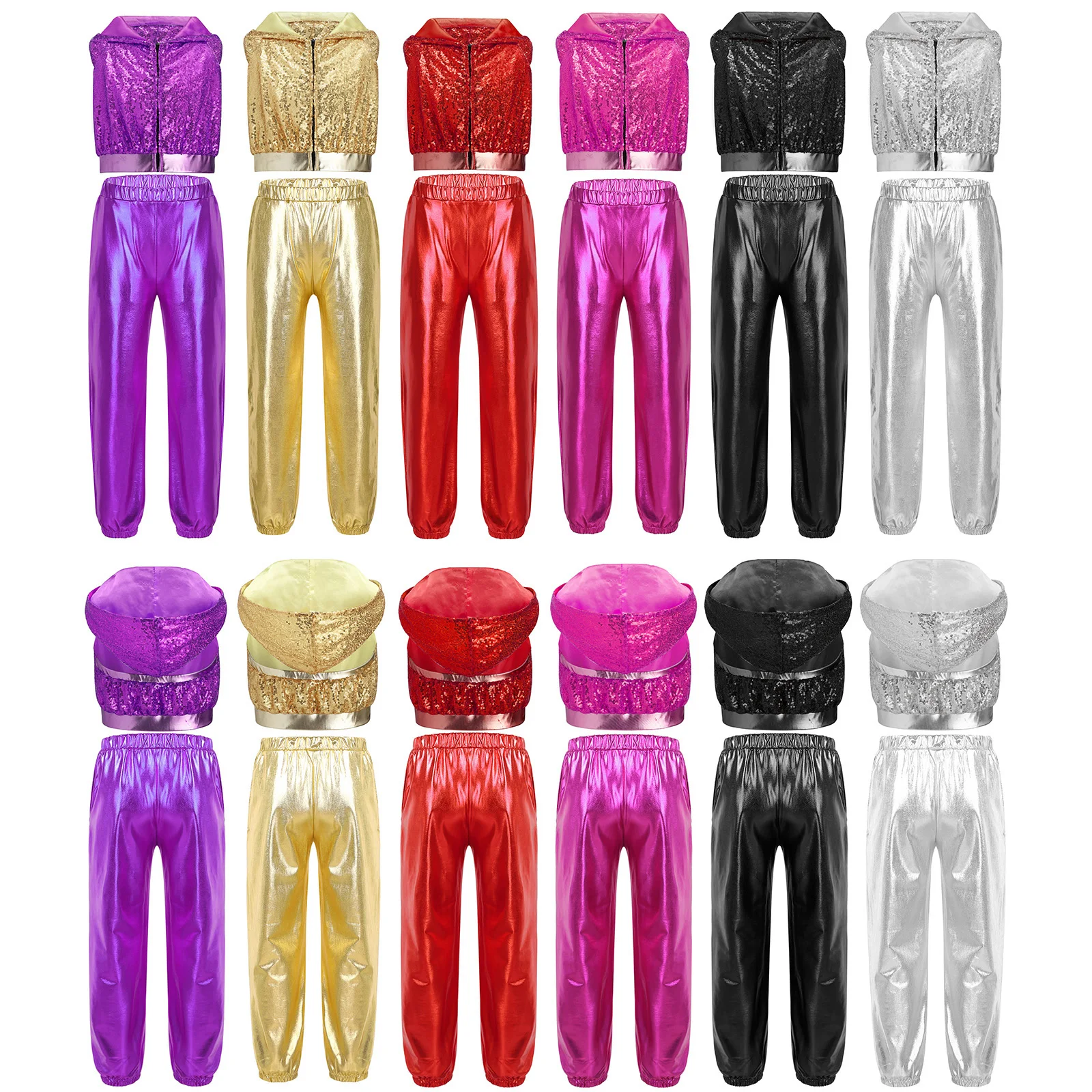 Kids Girls Hip-Hop Jazz Dance Modern Street Costume Outfits Sleeveless Sparkly Sequins Hooded Crop Top with Metallic Pants - Image 6
