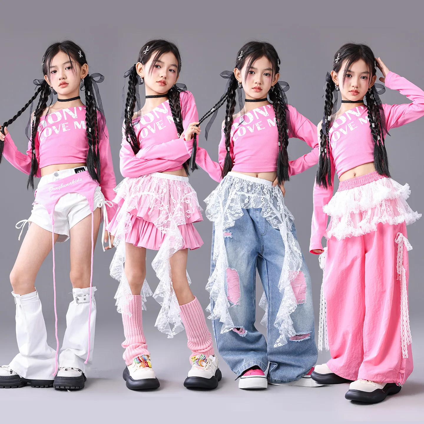 Girls Hip Hop Off Shoulder Crop Top Street Dance Skirts Cargo Pants Children Streetwear Jeans Kids K-pop Girl Group Clothes Set