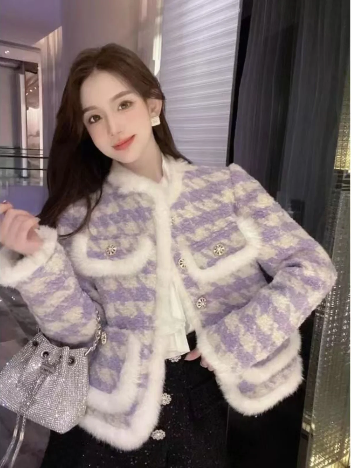 Violet Plaid Lamb Fur Jaet Women's ort Sle 2024 New Autumn Winter Small Fraance Wind Ele Cotton Coat - Image 3