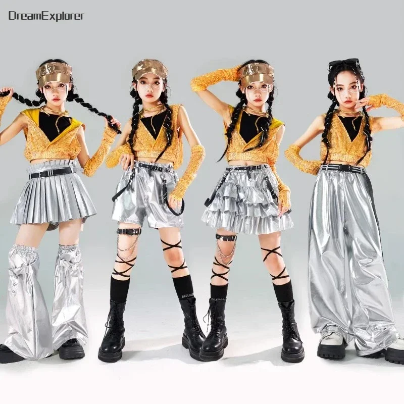 Girls K-pop Sequin Crop Hoodies Street Dance Shorts Kids Hip Hop Jazz Skirts Silver Pants Clothes Sets Child Streetwear Costumes - Image 3