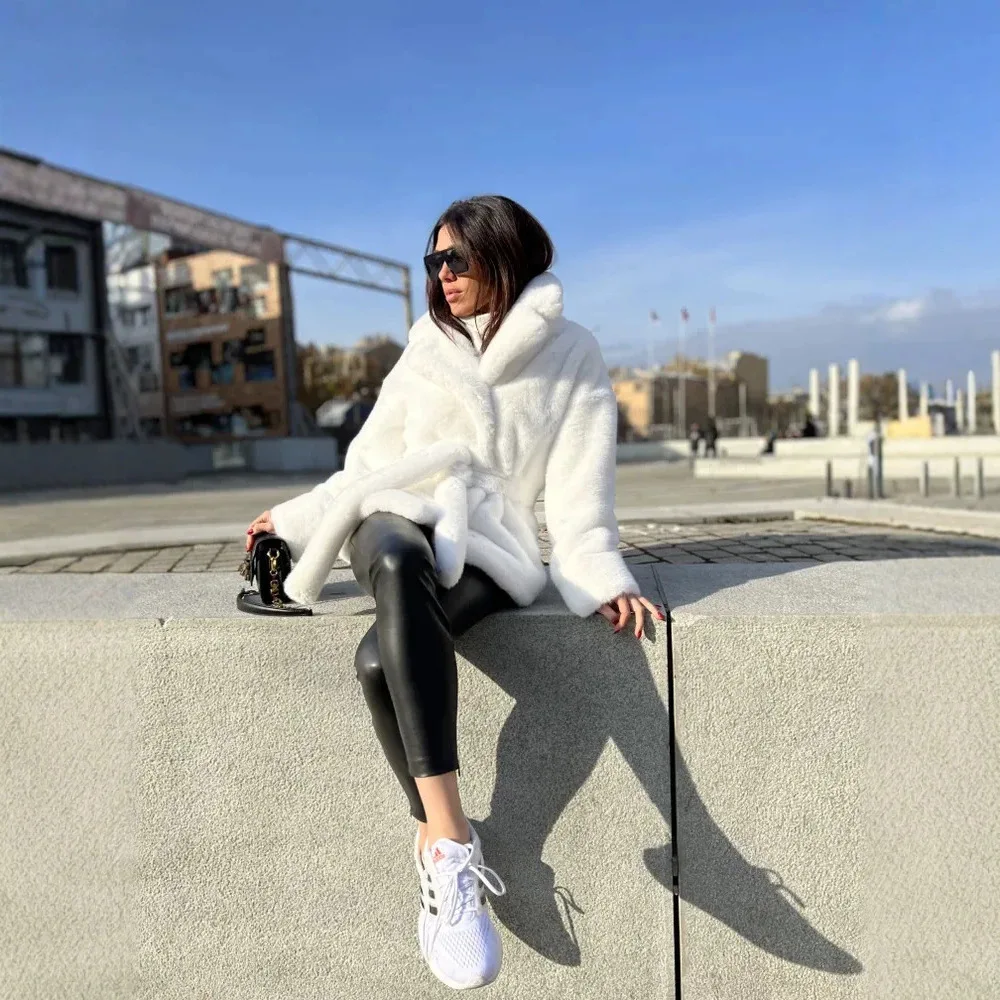 Women Faux Fur Short Coats Jackets Stand Collar Coat Thick Warm Y2k Streetwear Jacket Elegant Lace Up Outerwear Autumn Winter - Image 4