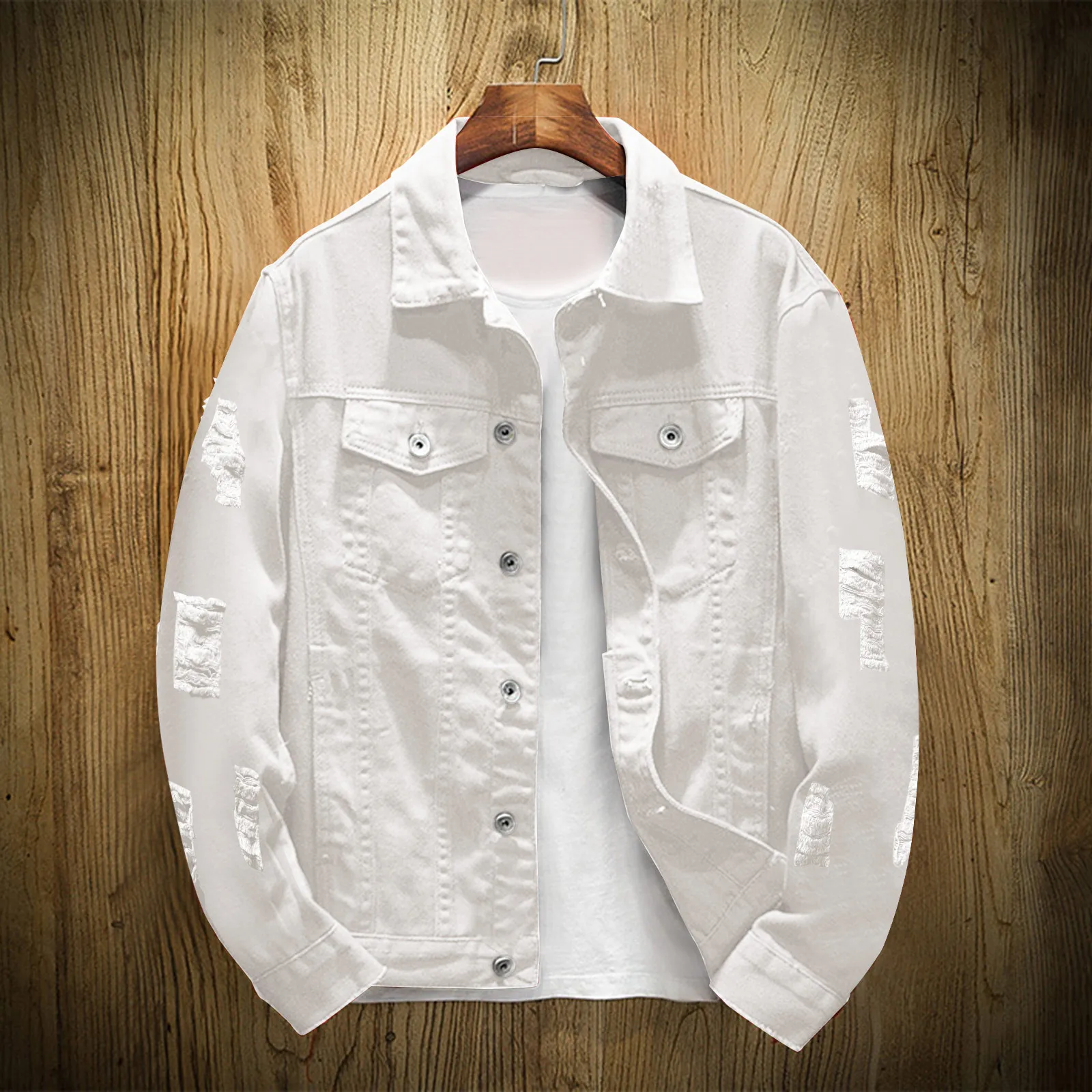 Mens Casual Denim Jacket Spring Autumn Vintage Solid Color Lapel Denim Coat Tops Streetwear Hole Denim Outerwears Coats For Men