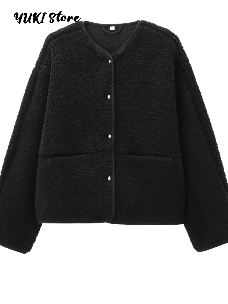 Fashion Brown Lamb Wool Coat Women Loose O-neck Single Breasted Full Sleeve Pocket Jacket 2025 Autumn Winter Lady Casual Outwear - Image 5
