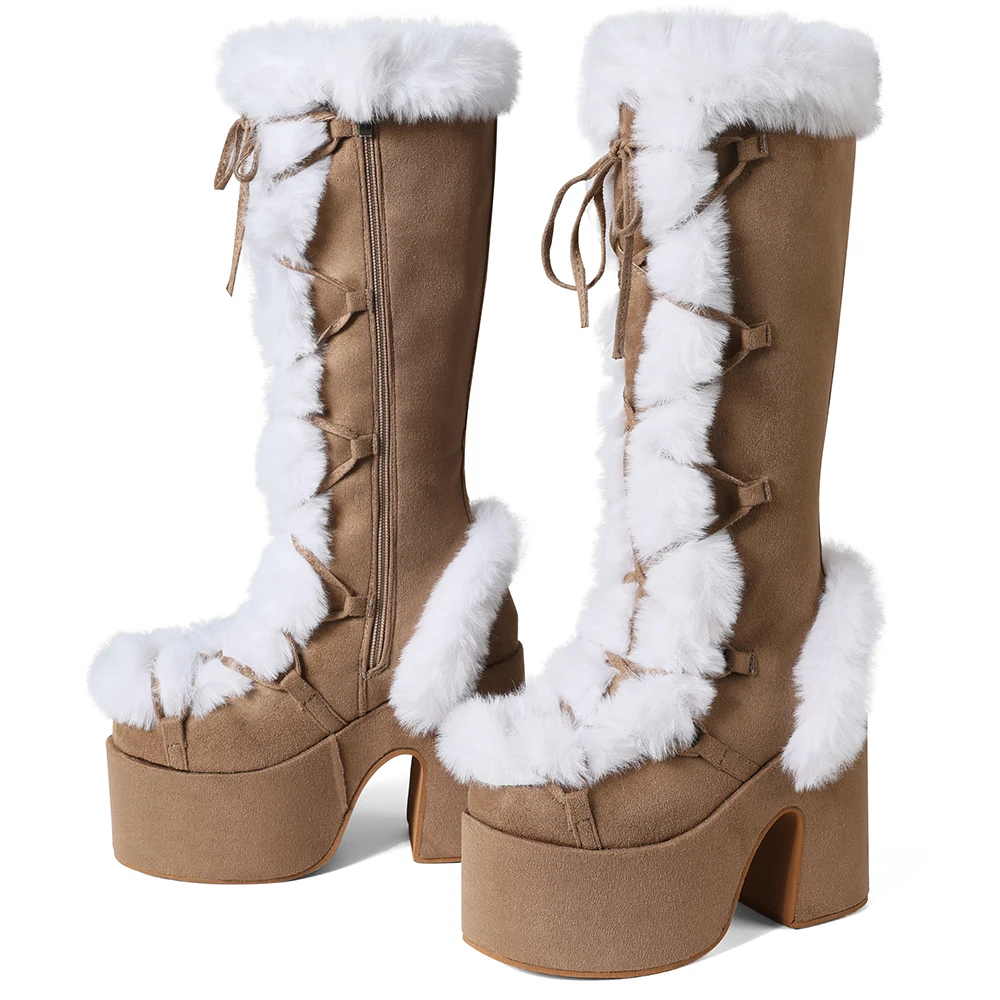 Women's Faux Fur Trim Platform Knee High Boots, Y2K Goth Lace Up Chunky Heel Tall Winter Boots, Suede Warm Cosplay Lolita Combat Snow Boots for Party Daily Wear - Image 7