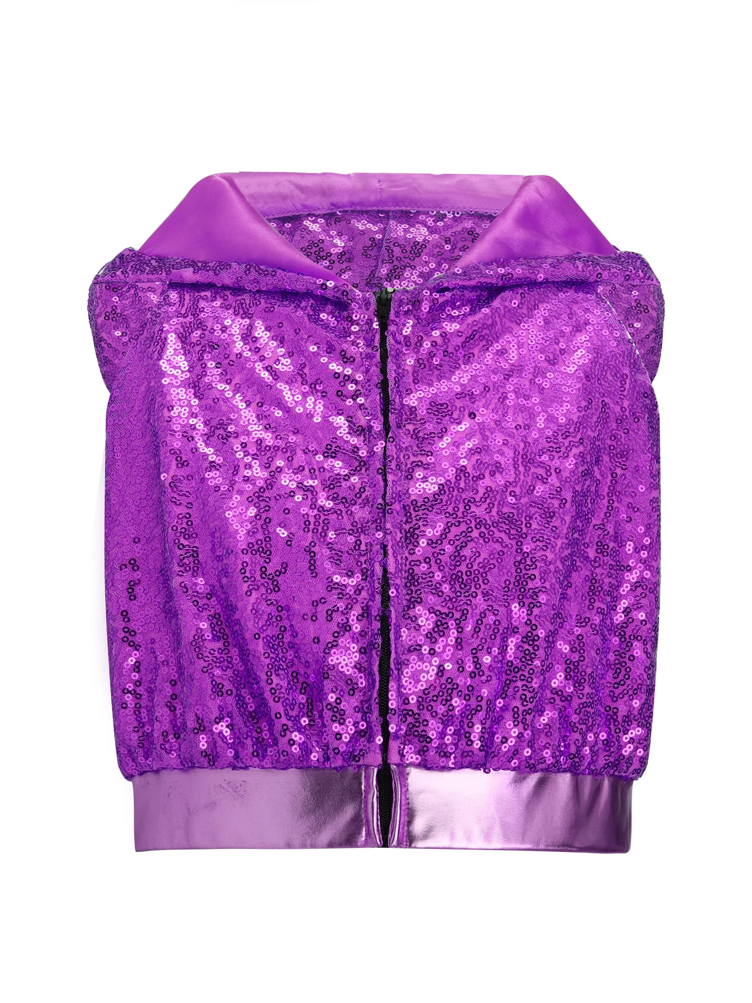 Kids Girls Hip-Hop Jazz Dance Modern Street Costume Outfits Sleeveless Sparkly Sequins Hooded Crop Top with Metallic Pants - Image 4