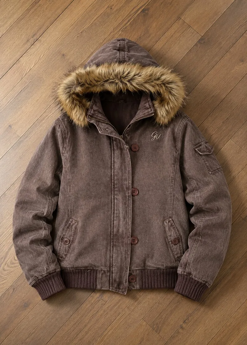 Women's Vintage Washed Brown Hooded Jacket Faux Fur Trim Winter Coat Button Zip Up Casual Streetwear Warm Y2K Bomber Outerwear