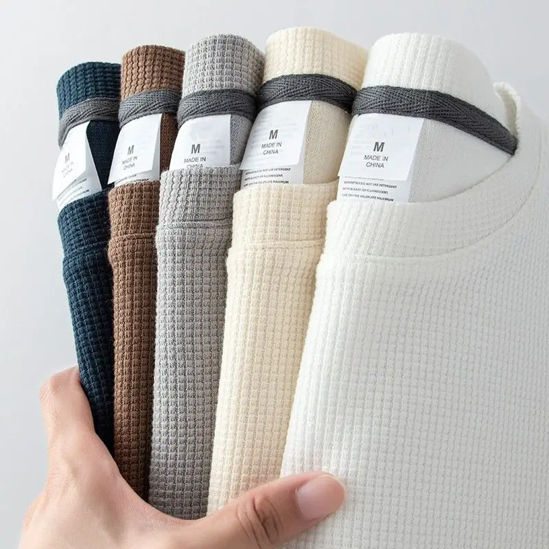 Waffle Short Sleeved T-shirt for Men and Women Summer Japanese Round Neck Half Sleeved Top Loose Casual Solid Color T-shirt