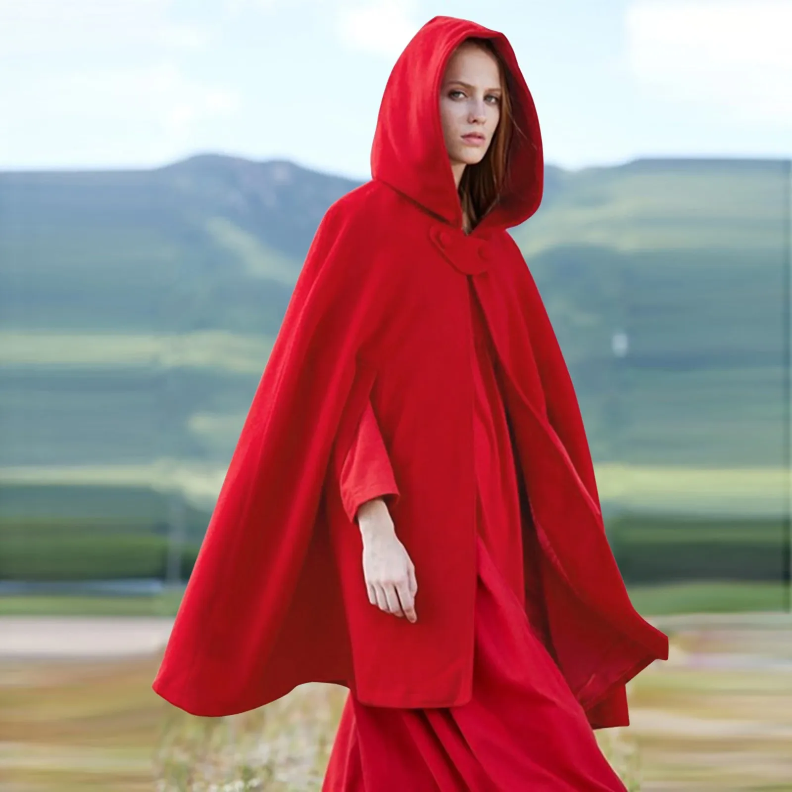 Retro Medieval Cloak Coat Womens Vintage Classic Red Hood Jacket Cape Sleeveless Open Front Solid Coat Outfits Cosplay Costumes