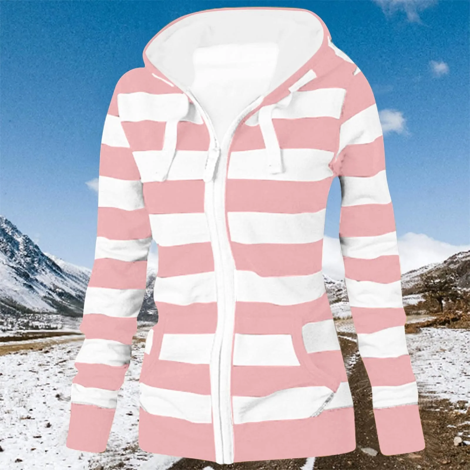 2024 Winter New Womens Color Block Striped Fleece Jacket Regular Fit Long Sleeve Zip Up Hoodie Sweatshirt Double Pocket Outfits