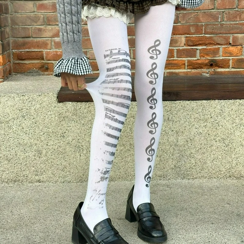Gothic Music Note Tights for Women Subculture Piano Patterned Stockings Girls Black White Elastic Graffiti Pantyhose Leggings - Image 3