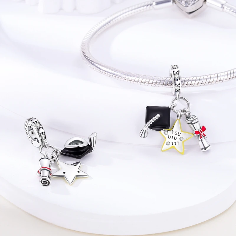 2026 New 925 Sterling Silver Graduation Cap Pendant Bead for Women's Bracelet DIY Jewelry Gift for Friends - Image 3