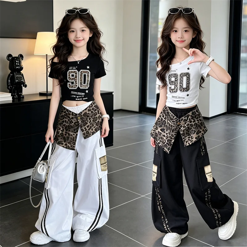 Girls New Suit Children Off-Shoulder Top + Leopard Print Decoration Pants Set Summer 2PCS Kids Streetwear Casual Hip Hop Outfits - Image 2