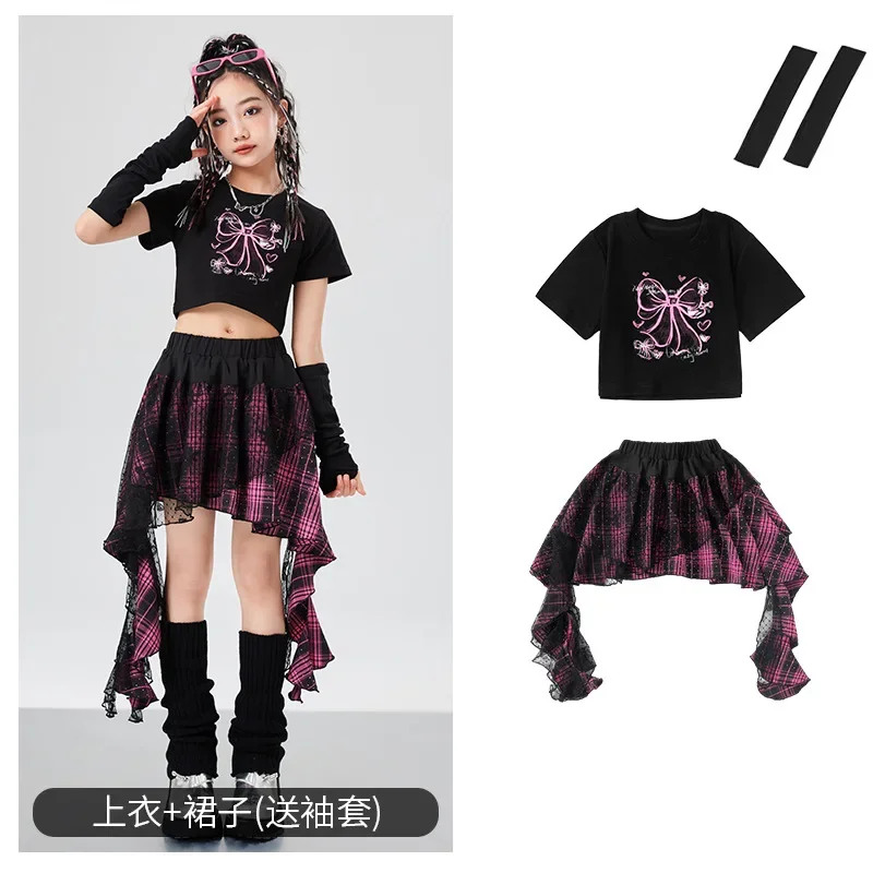 Hip Hop Girls Crop Top Street Dance Gauze K-pop Plaid Skirts Kids Streetwear Children Jazz Cheerleader Costumes Clothes Sets - Image 6