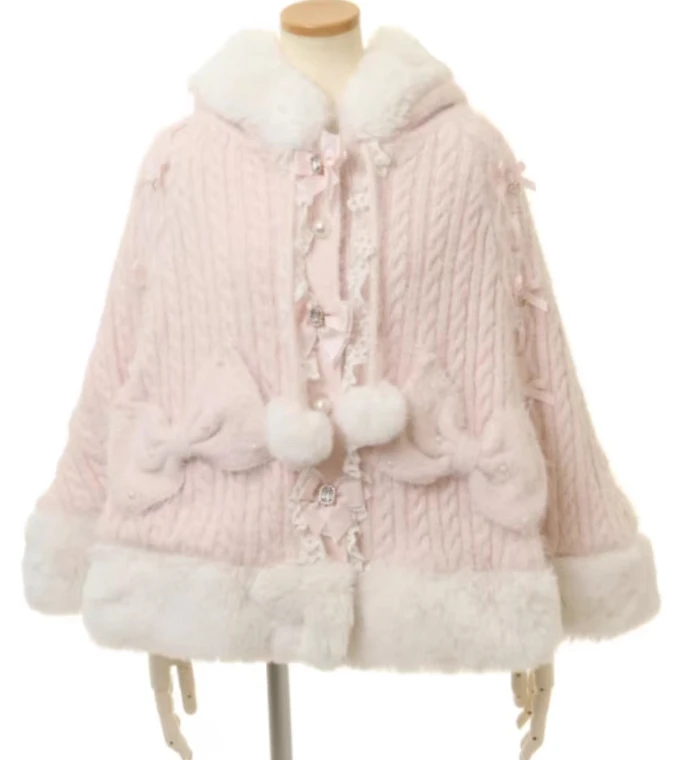 Japanese Liz Sweet Princess Faux Rabbit Fur Cape Coat Women Autumn Winter Fur Jacket Loose Clock Rhinestone Bow Hooded Coat - Image 5