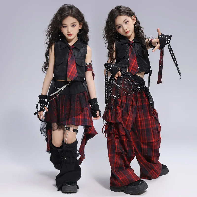 New Girls Hip Hop Clothing Fashion Street Dance Crop Top Plaid Pants Skirt Teenager Kpop Jazz Dance Stage Performance Costume - Image 2