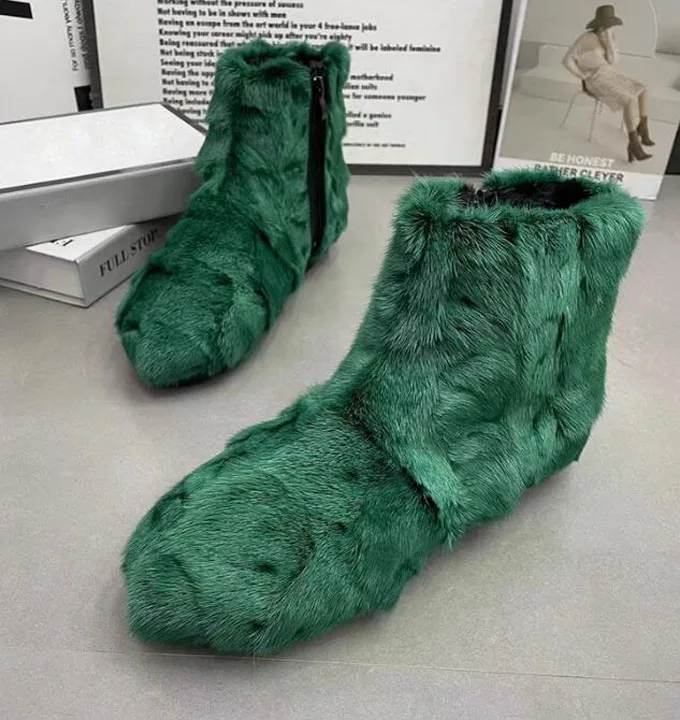 Eskimo Warm Striped Mink Fur Snow Boots Woman Multicolor Patchwork Lady Thick Sole Winter Fur Booties Real Fur Short Boots - Image 6