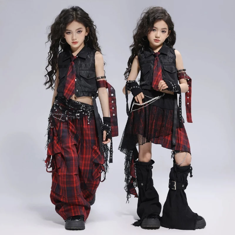 New Girls Hip Hop Clothing Fashion Street Dance Crop Top Plaid Pants Skirt Teenager Kpop Jazz Dance Stage Performance Costume - Image 3