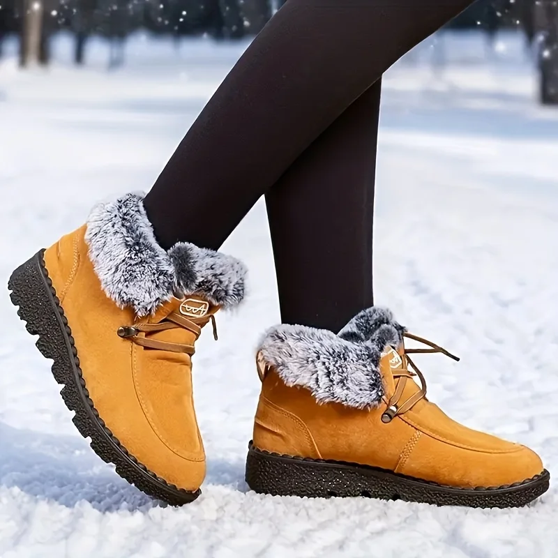 Women Winter Suede Snow Boots Warm Thick Furry Lined Ankle Booties Lace Up Non Slip Lug Sole Waterproof Thermal Shoes for Outdoor Snowfield Walking Cold Weather Daily Casual Wear Black Yellow Navy Three Classic Colors Ladies Warm Winter Outdoor Footwear