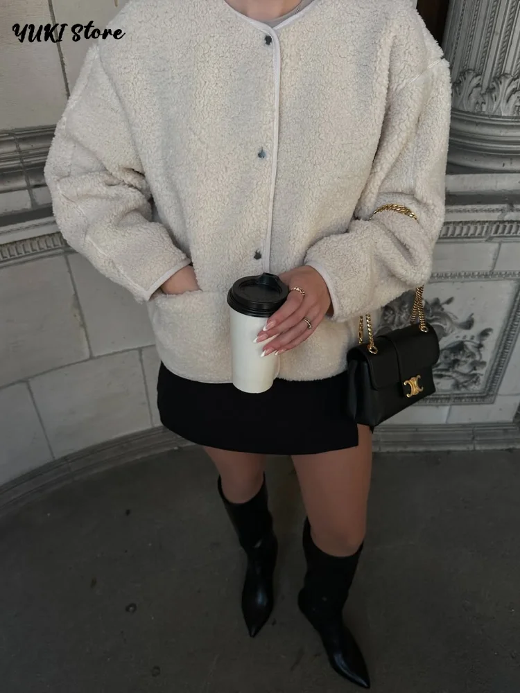 Fashion Brown Lamb Wool Coat Women Loose O-neck Single Breasted Full Sleeve Pocket Jacket 2025 Autumn Winter Lady Casual Outwear