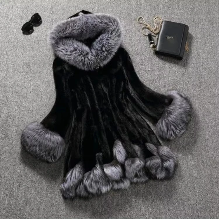 European American New Fashion Women's Color-coded Elegant Casual Trendy Simple Basic Daily Hooded Faux Fur Coats Female Clothes